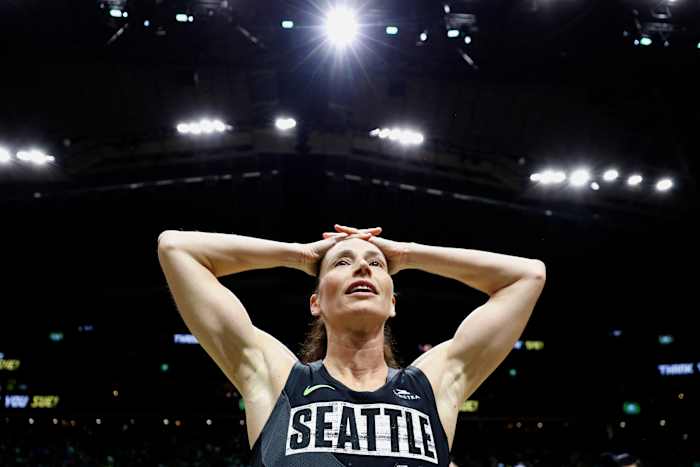 Sue Bird #10 of the Seattle Storm reacts after losing to the Las Vegas Aces 97-92 in her final game of her career during Game Four of the 2022 WNBA Playoffs semifinals at Climate Pledge Arena on September 06, 2022 in Seattle, Washington.